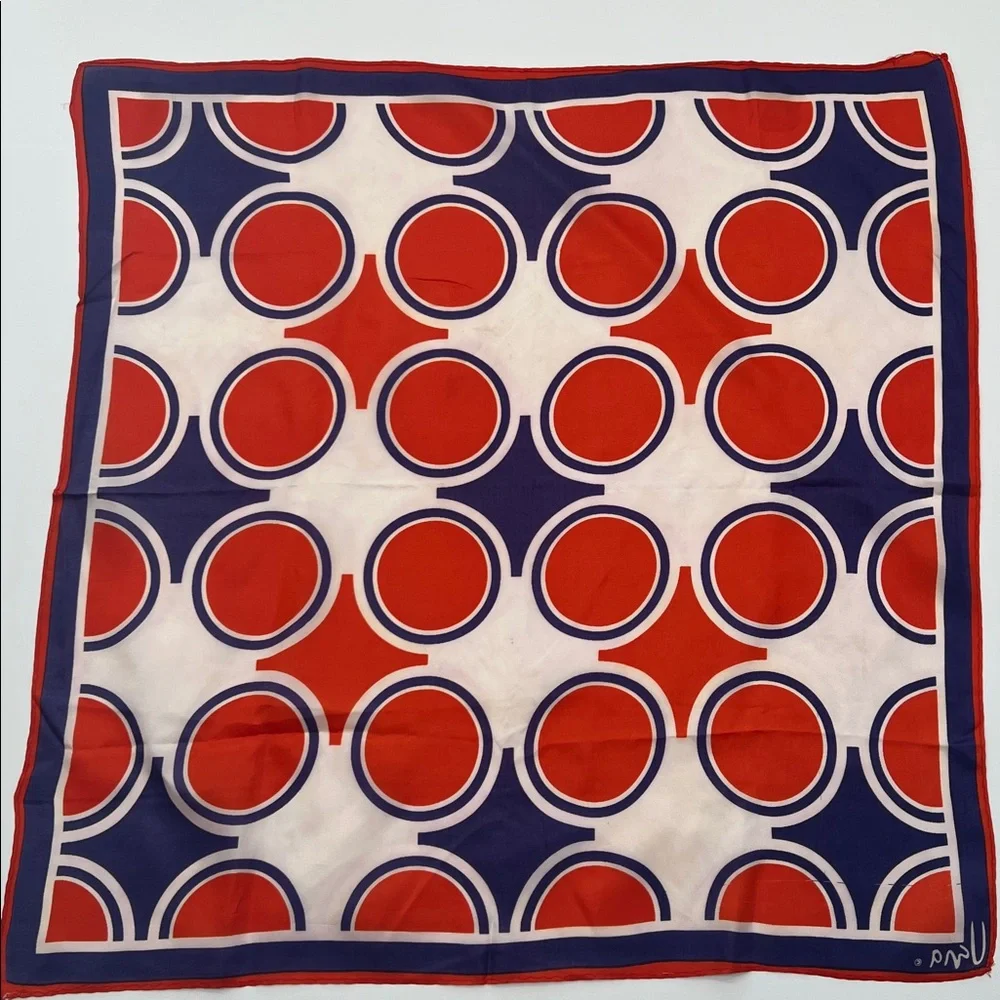 Vintage Vera Neumann Square Geometric Red and Blue Scarf 23” Square circles